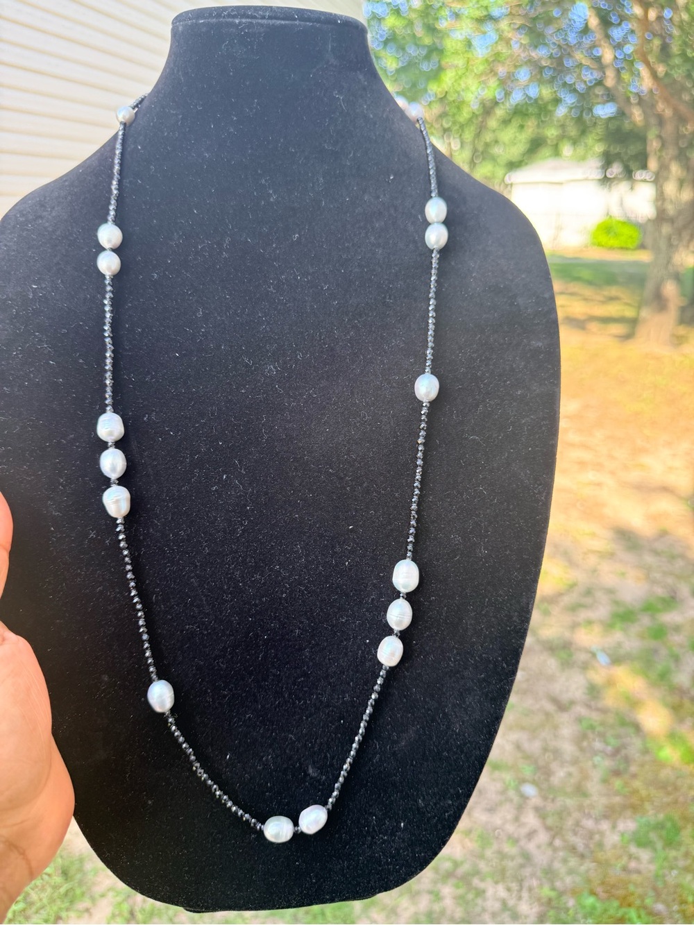925 Sliver long Baroque Pearl Freshwater Necklace w/ faceted black spinel beads